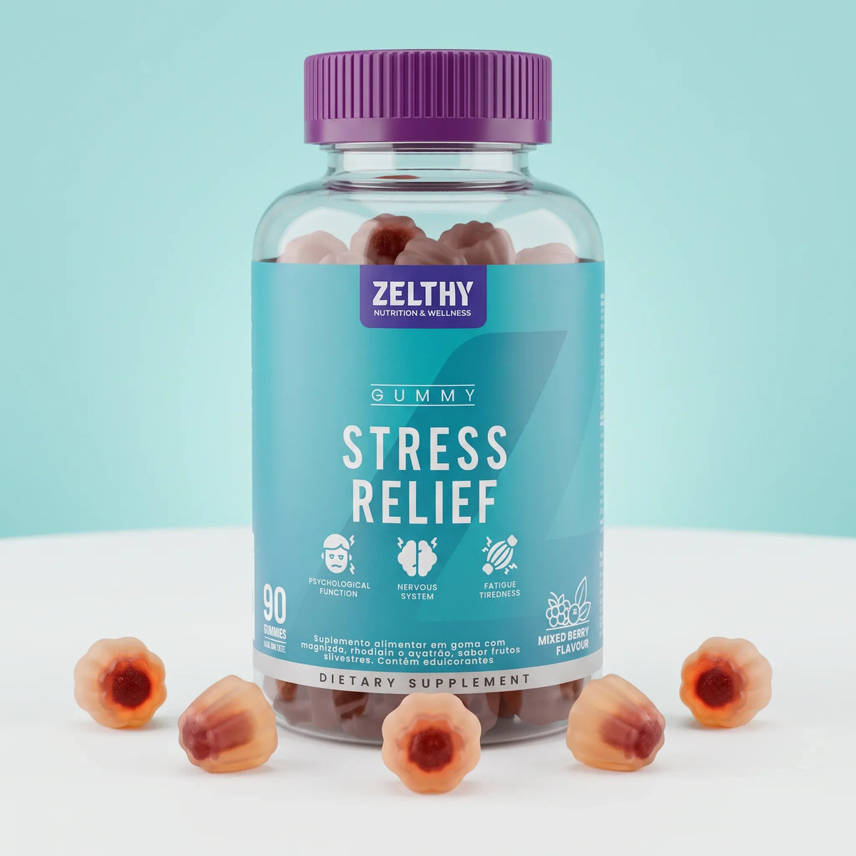 Frasco de gomas Stress Relief Zelthy em fundo turquesa, com gomas em volta